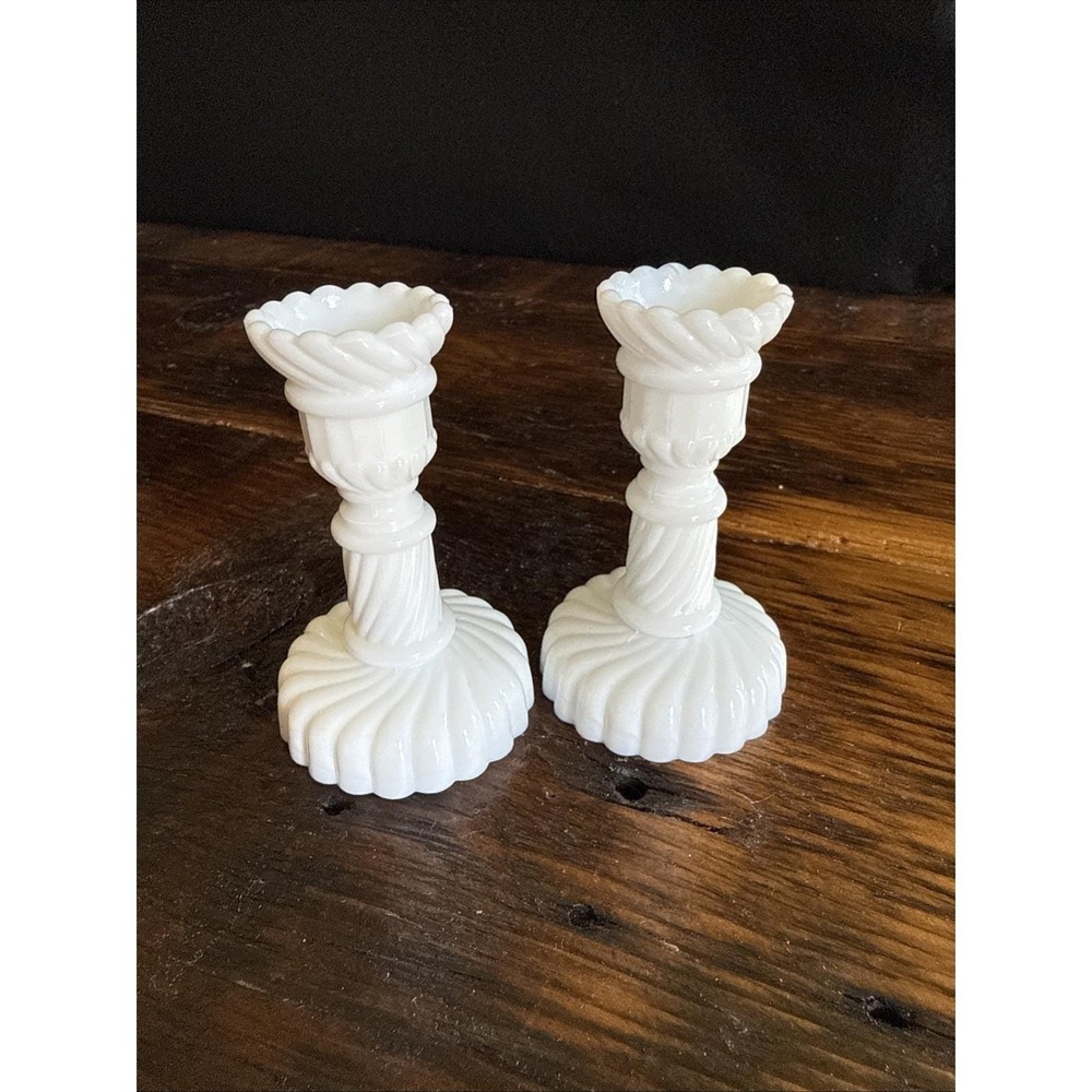 2 White Opaline Glass Mini Candlesticks 3.25" French Portieux Vallérysthal VTG
